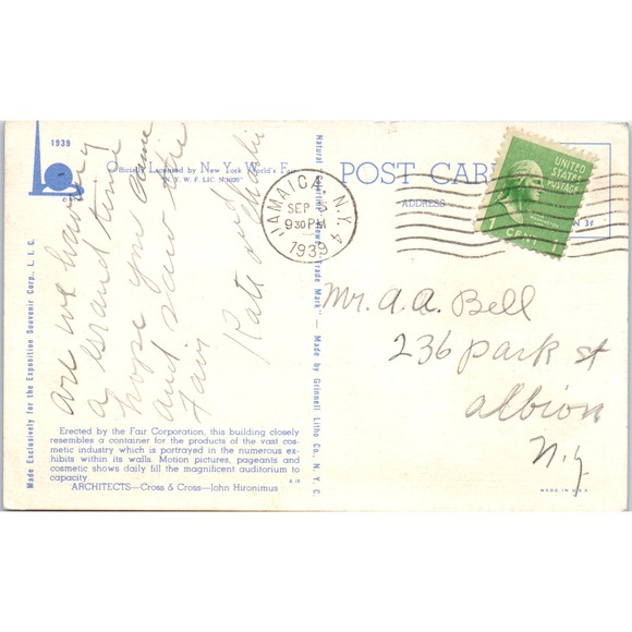 1939 New York World's Fair Cosmetics Building Vintage Postcard PD3 - Picture 2 of 2